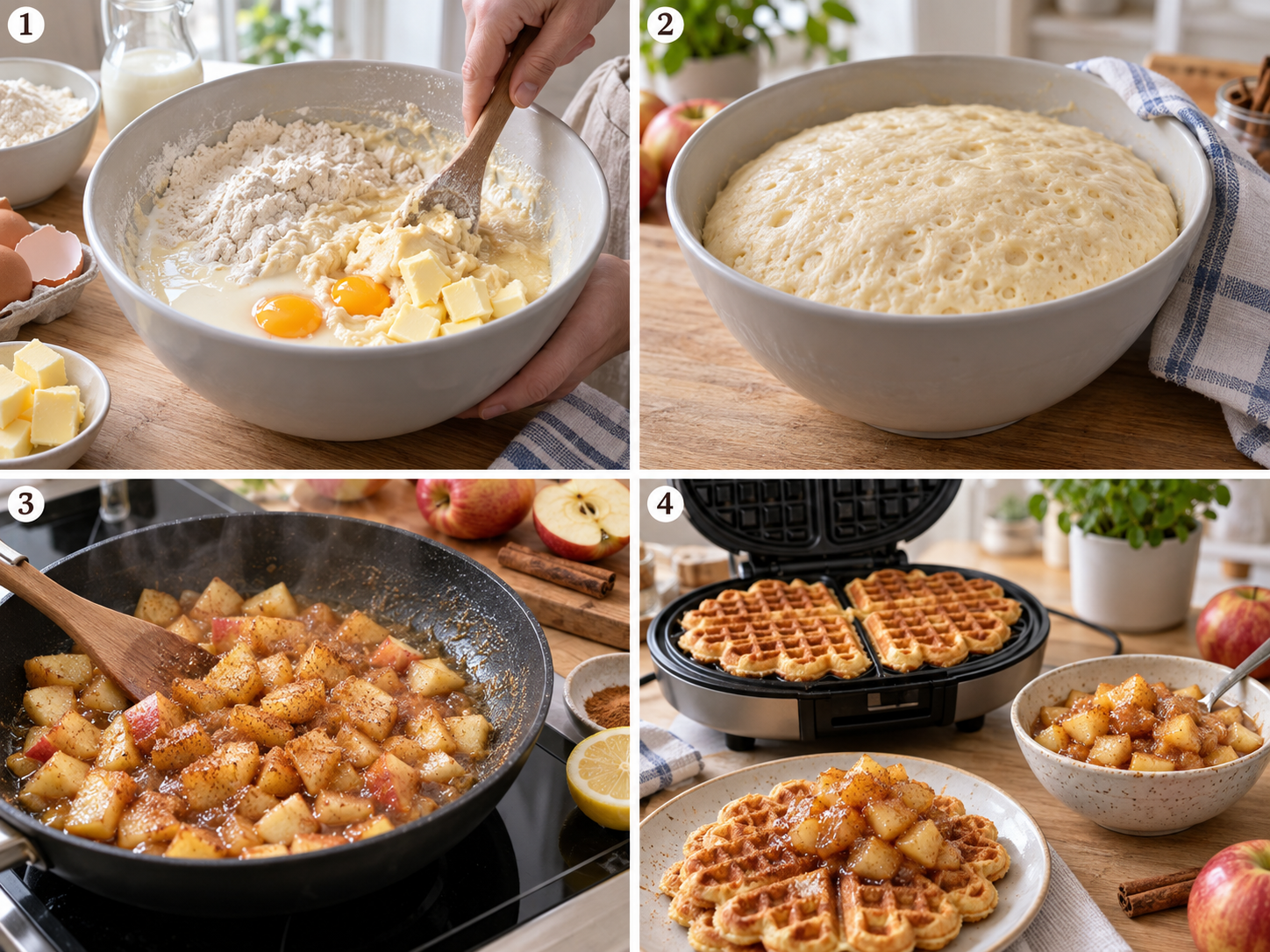 Vier Schritte für Hefewaffeln vom Teig bis zum Apfel-Zimt-Topping