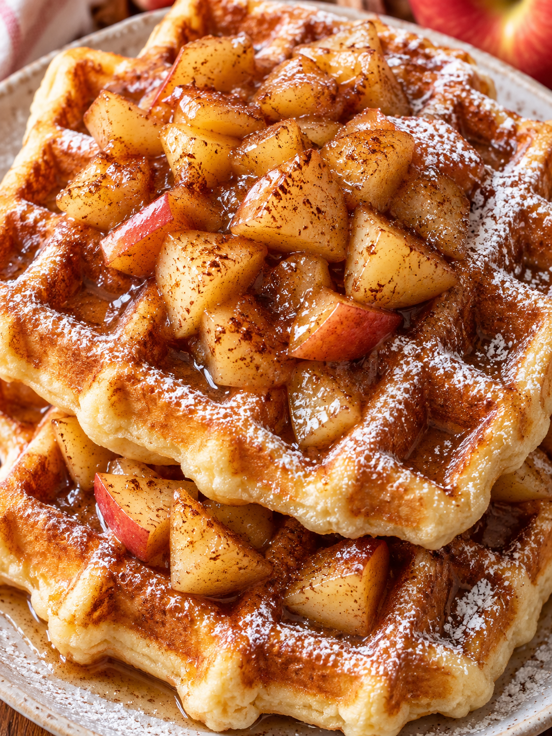 Goldbraune Hefewaffeln mit glänzendem Apfel-Zimt-Topping