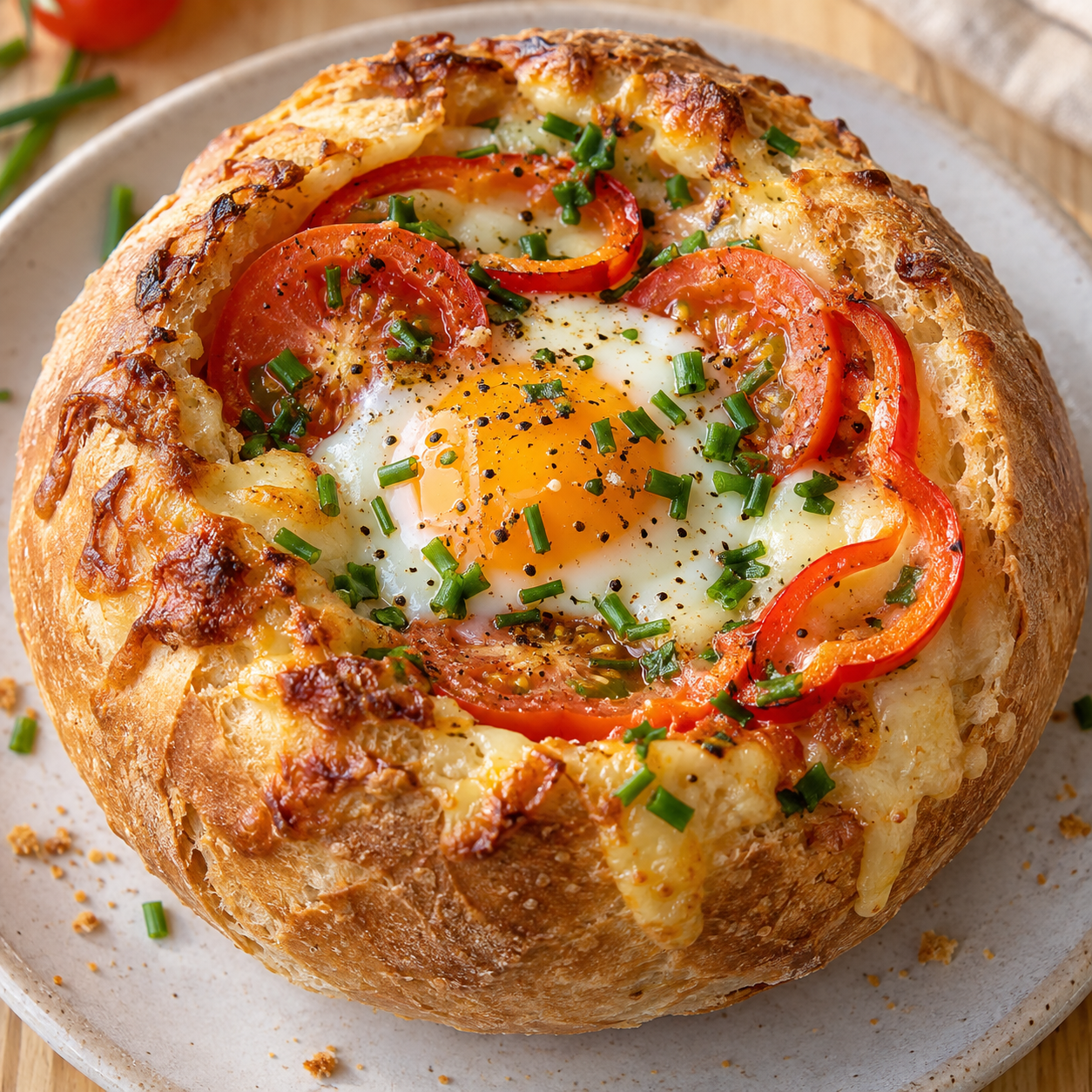 Hellerauer Brötchen mit Ei, Tomate, Käse und Paprikaringen