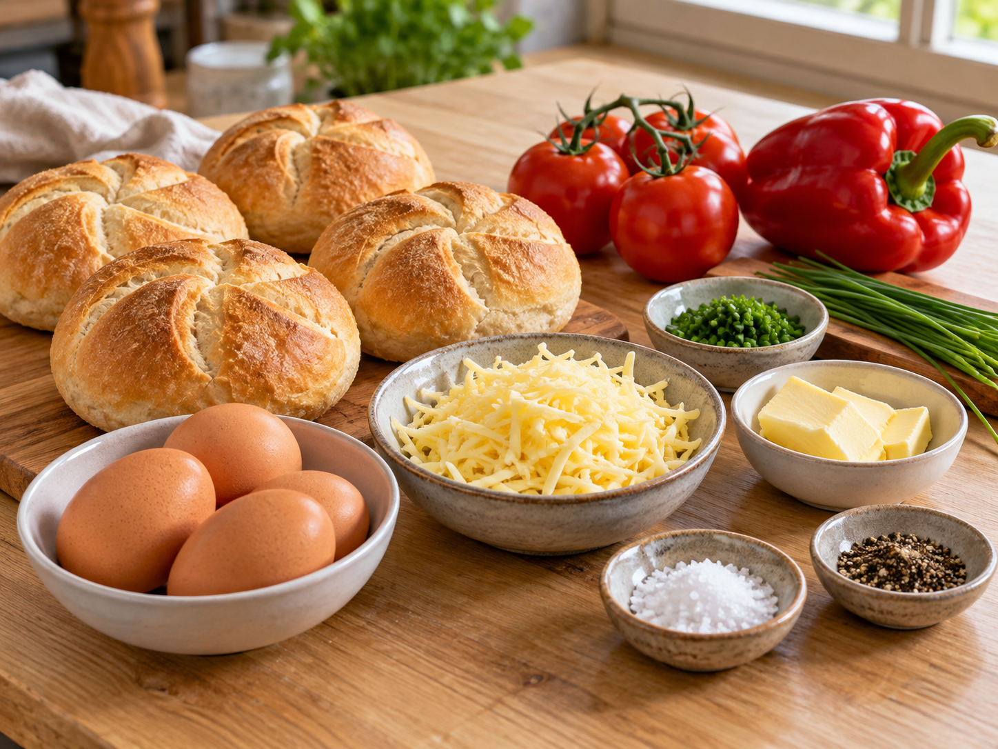 Zutaten für gefüllte Brötchen mit Ei, Tomate und Käse