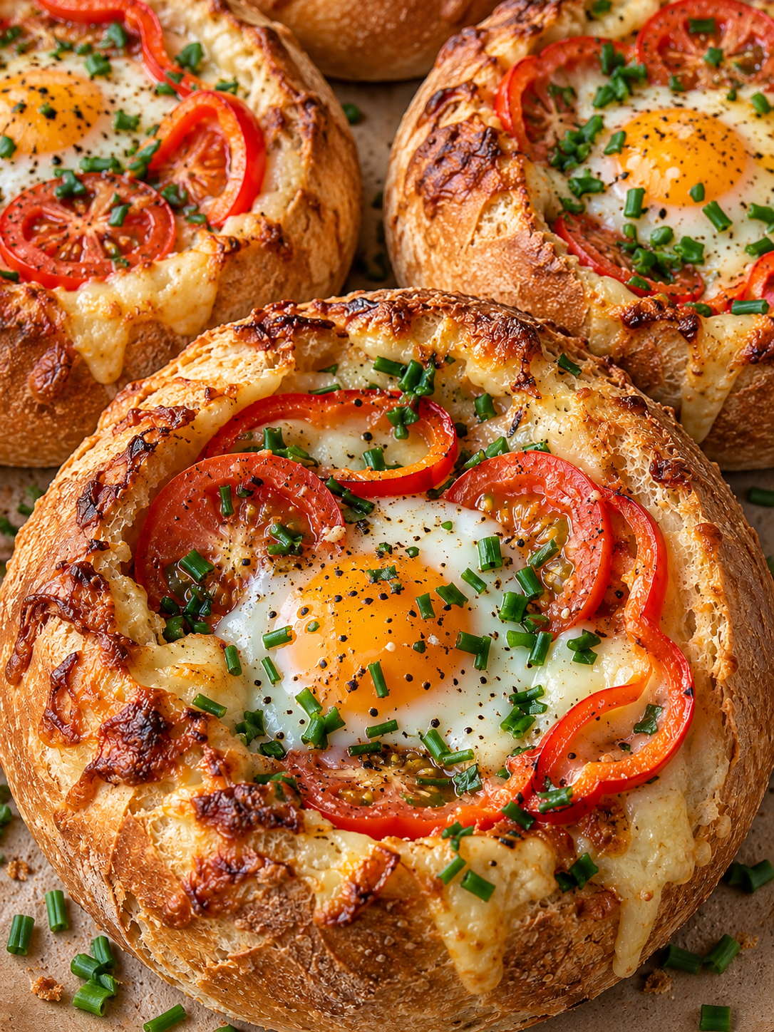 Gefüllte Ofenbrötchen mit Ei, Tomate, Käse und Schnittlauch