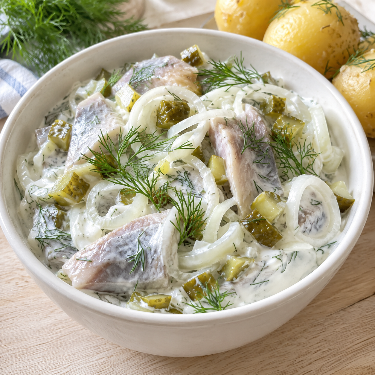 Heringsschüssel mit Gurke, Zwiebeln und cremiger Soße