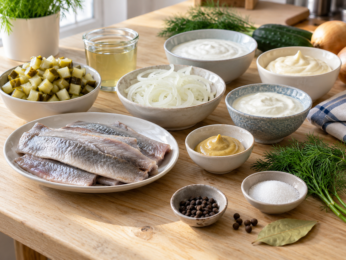 Zutaten für Heringsschüssel mit Matjes, Gurke, Zwiebeln und Dill