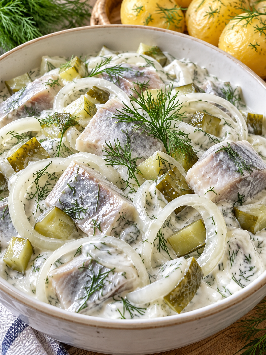 Cremige Heringsschüssel mit Matjes, Gurke, Zwiebeln und Dill