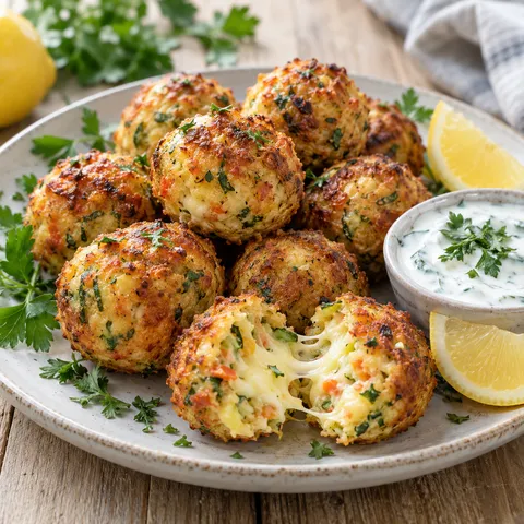 Goldbraune Gemüse-Käse-Bällchen mit Kräuterdip und Zitrone