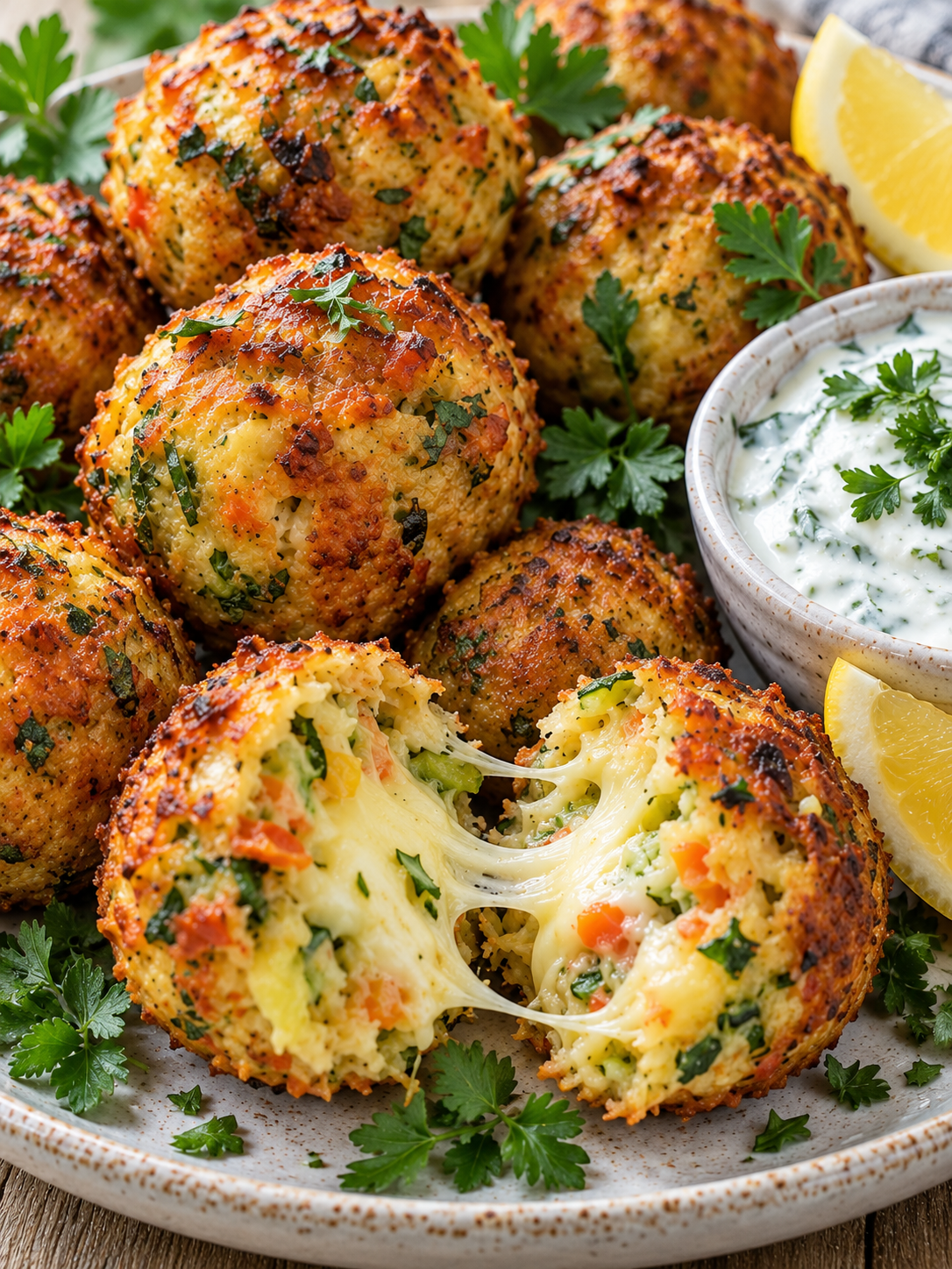 Herzhafte Gemüse-Käse-Bällchen mit weichem Käsekern und Dip