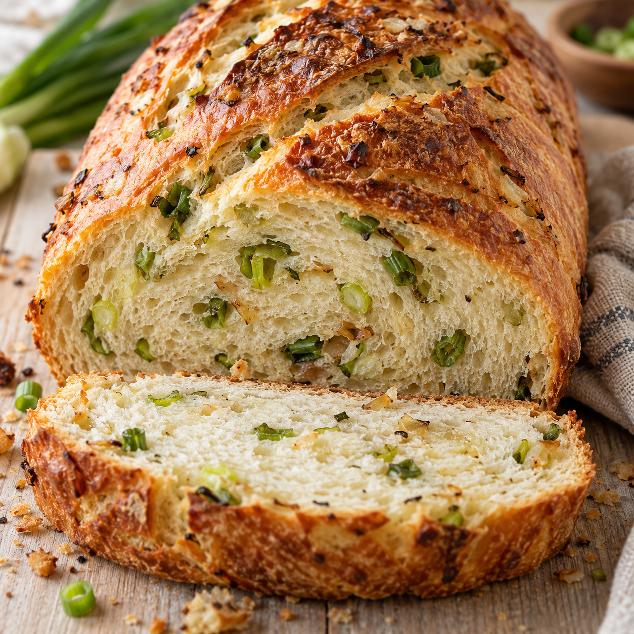 Zwiebelbrot mit goldbrauner Kruste und grünen Zwiebelstücken