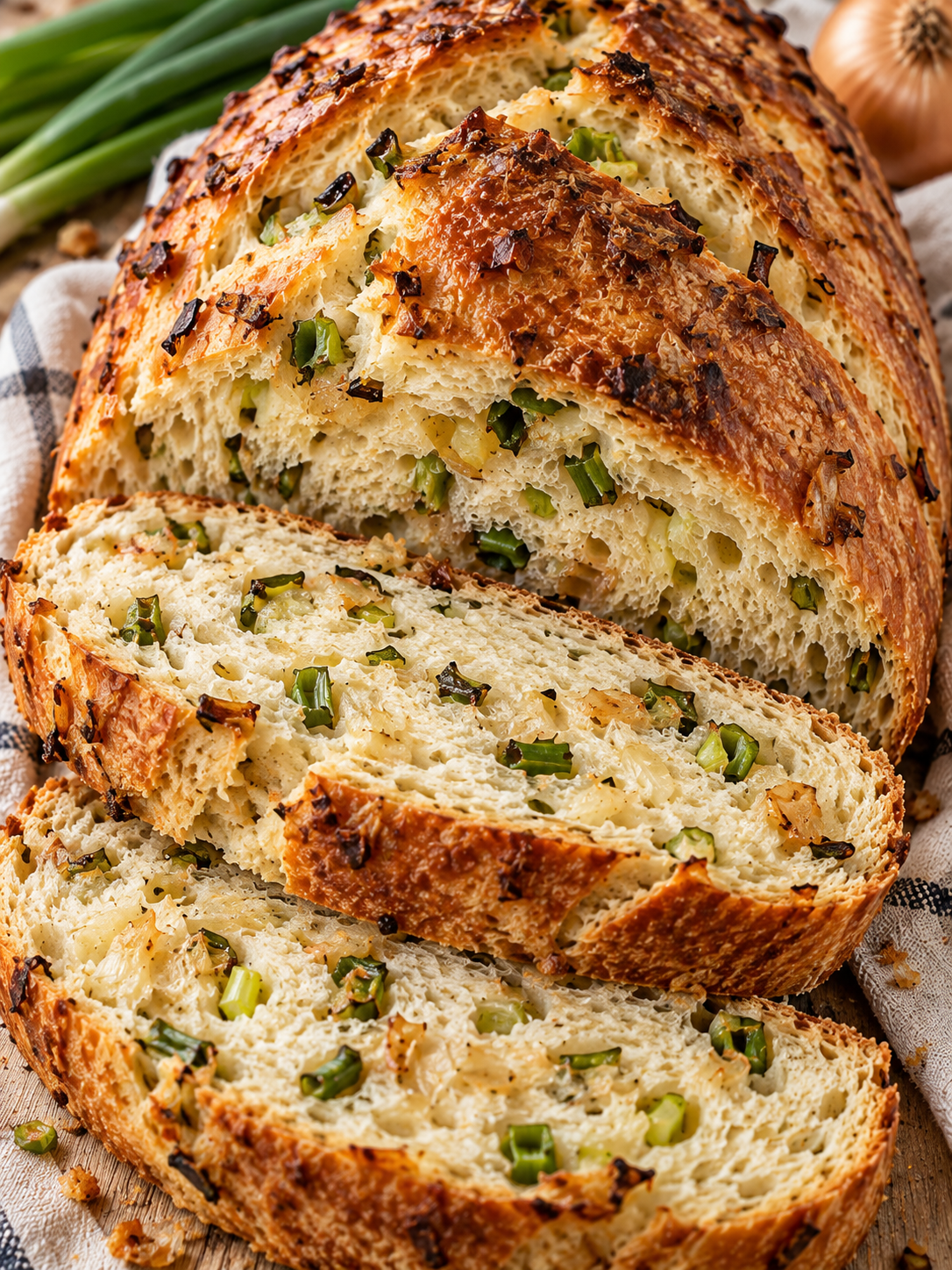 Aufgeschnittenes Zwiebelbrot mit goldbrauner Kruste und grüner Krume