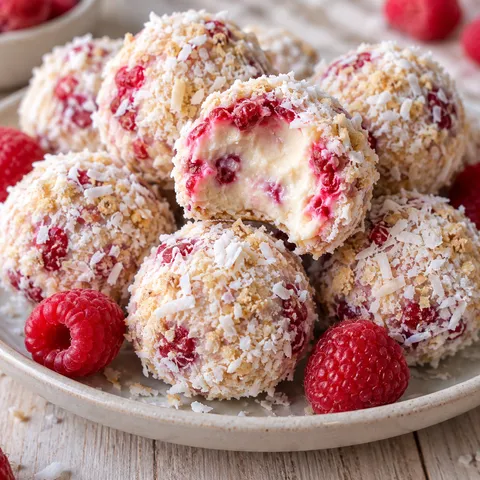 Himbeer-Kokos-Bällchen mit Kokoshülle und cremiger Füllung