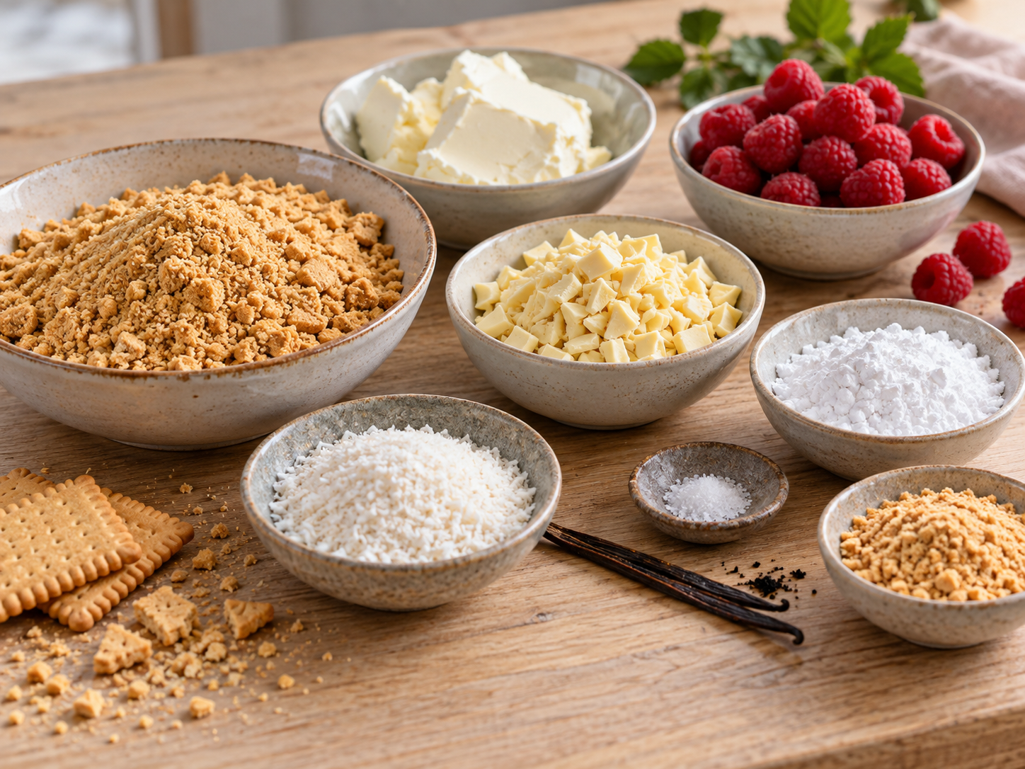 Zutaten für Himbeer-Kokos-Bällchen mit Keksen, Kokos und Himbeeren