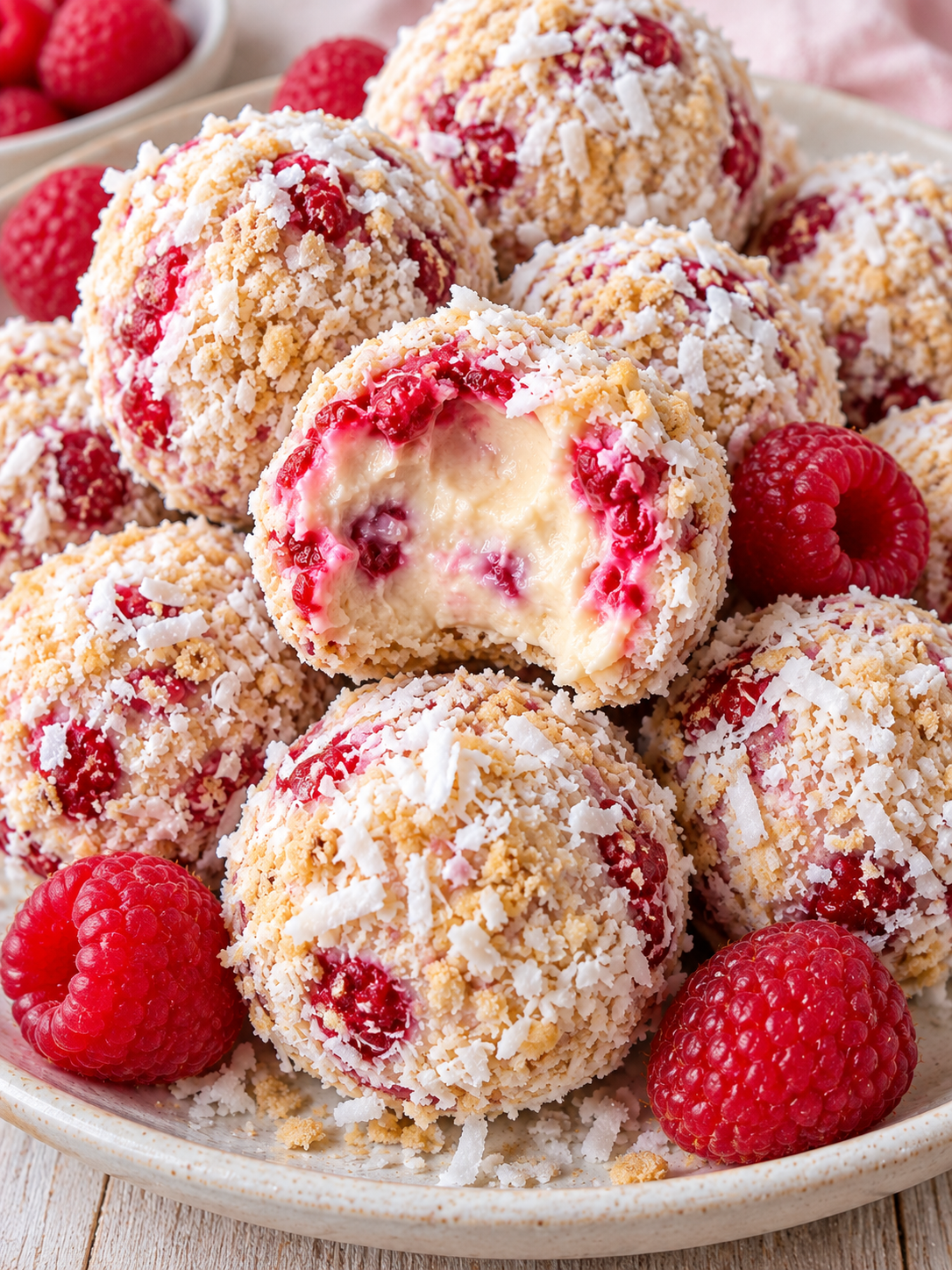 Himbeer-Kokos-Bällchen auf hellem Teller mit frischen Himbeeren