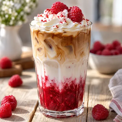 Himbeer-Latte mit Sahnehaube und Himbeerpüree im Glas