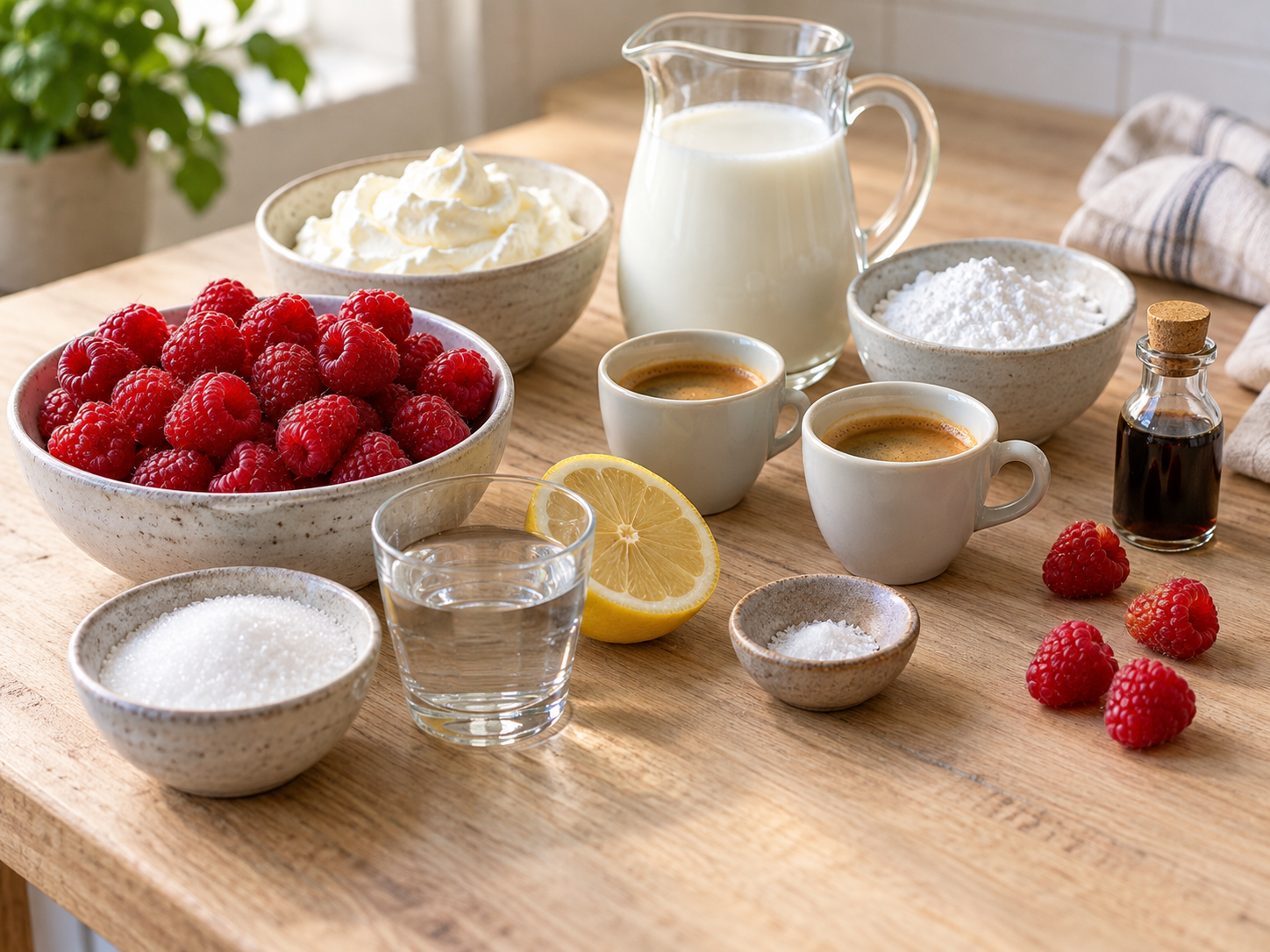 Zutaten für Himbeer-Latte mit Himbeeren, Milch, Espresso und Sahne