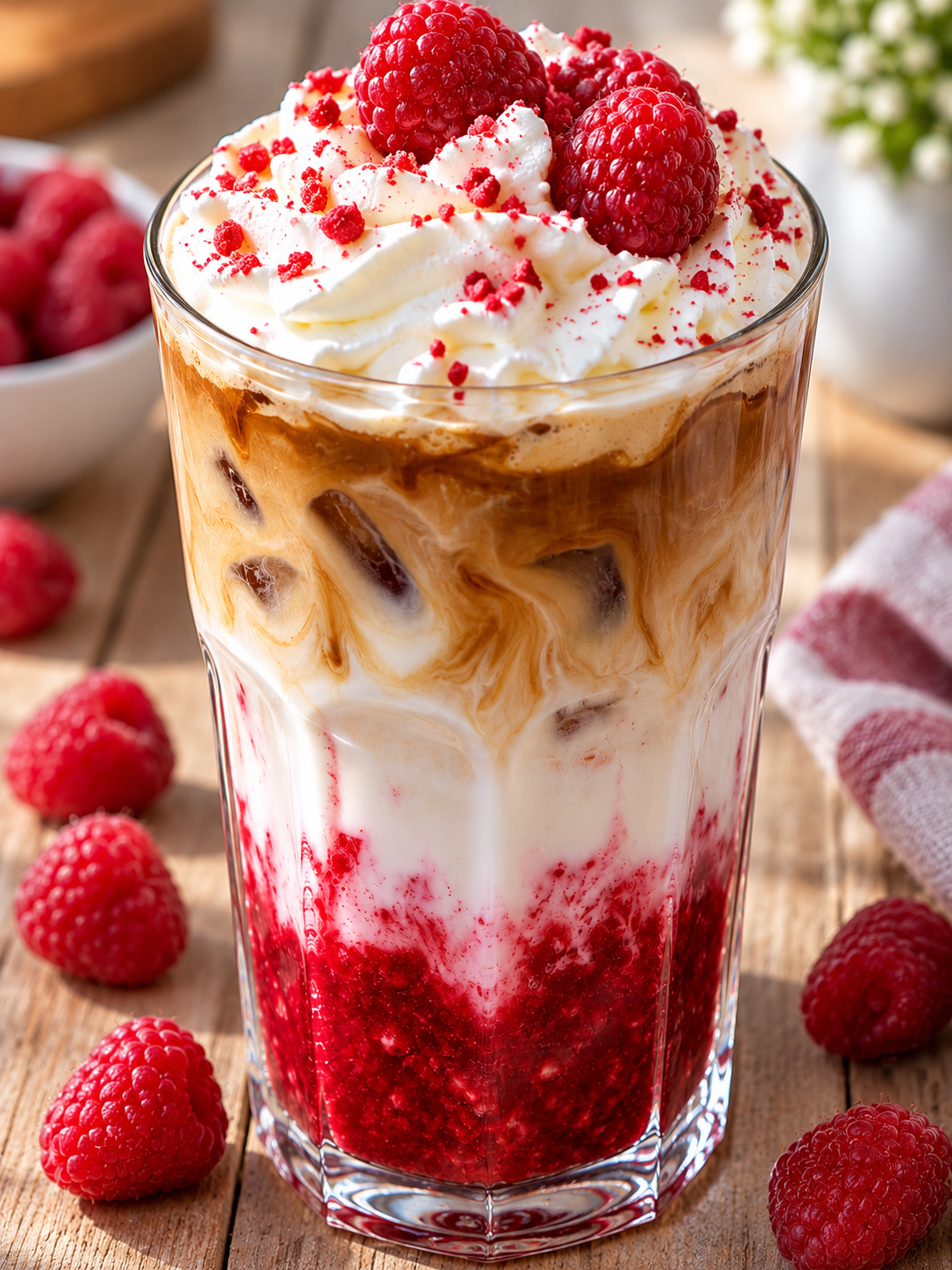 Cremiger Himbeer-Latte mit Espresso-Wirbel und frischen Himbeeren
