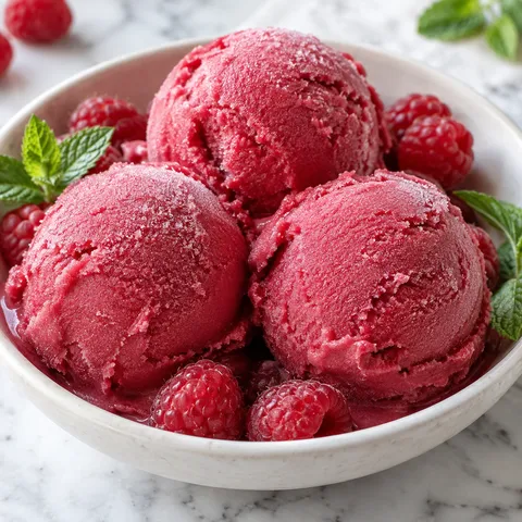 Himbeer-Sorbet mit frischen Himbeeren und Minze in einer weißen Schale