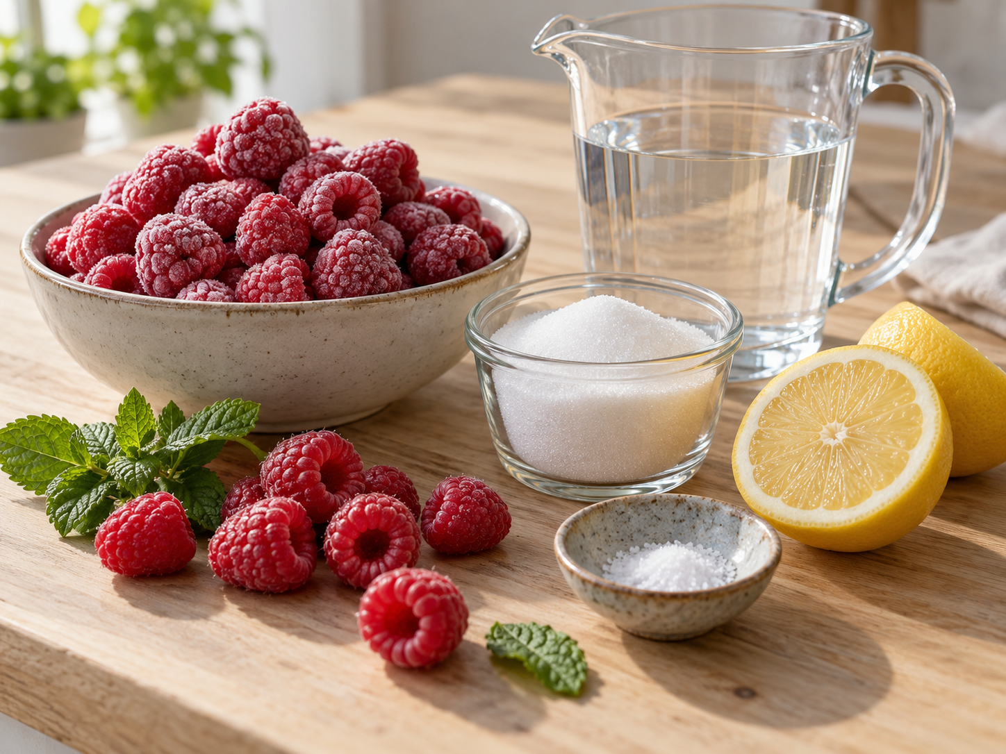 Zutaten für Himbeer-Sorbet mit Himbeeren, Zucker, Zitrone und Minze