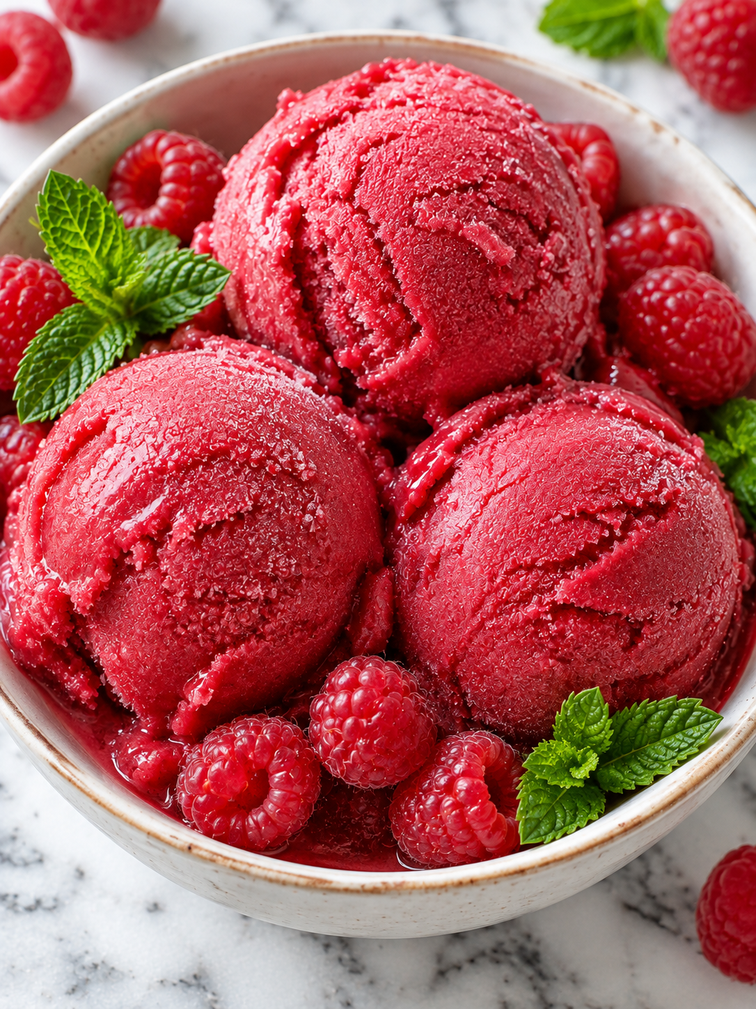 Rotes Himbeer-Sorbet mit Himbeeren und Minze im Dessertschälchen