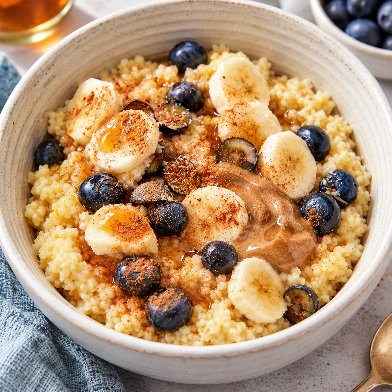 Hirse-Porridge mit Banane, Heidelbeeren, Zimt und Ahornsirup