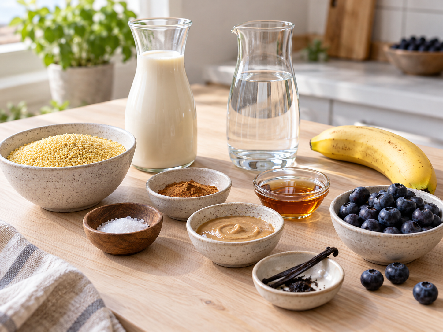 Zutaten für Hirse-Porridge mit Banane, Heidelbeeren und Zimt