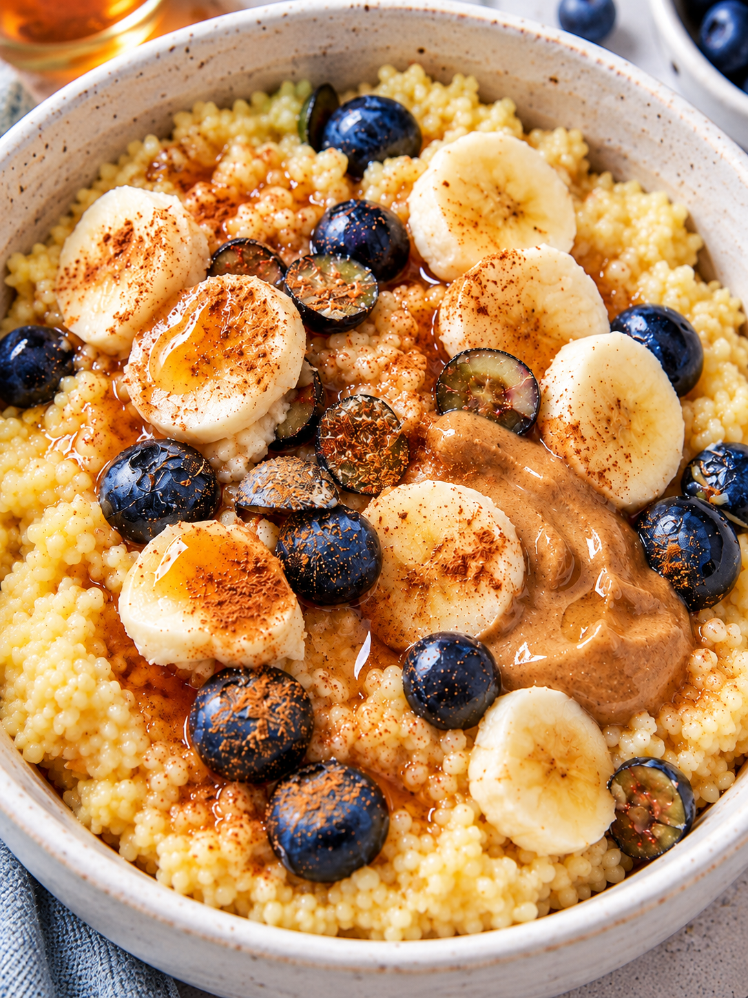 Cremiges Hirse-Porridge mit Banane, Heidelbeeren und Mandelmus
