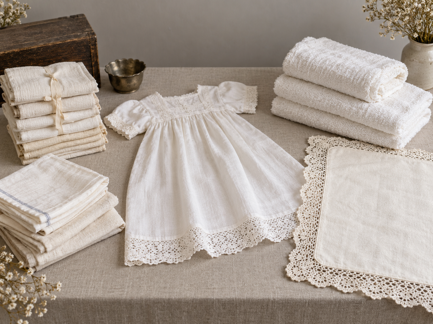 Historische Babytextilien mit Wickelunterlage, Stoffwindeln und kleinem Hemdchen