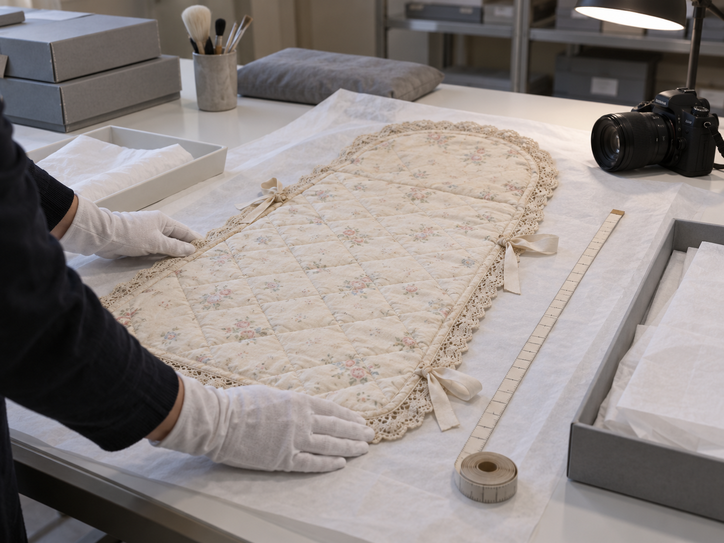 Historische Wickelunterlage wird vorsichtig für die Aufbewahrung dokumentiert
