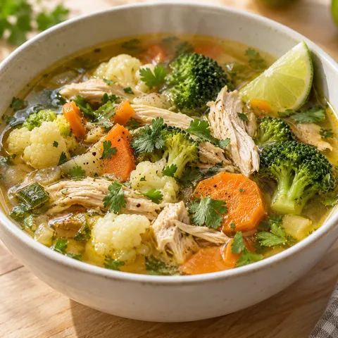 Hühnersuppe mit Gemüse, Brokkoli, Blumenkohl und Karotten