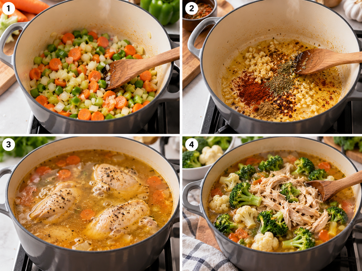 Vier Schritte für Hühnersuppe mit Gemüse im Suppentopf
