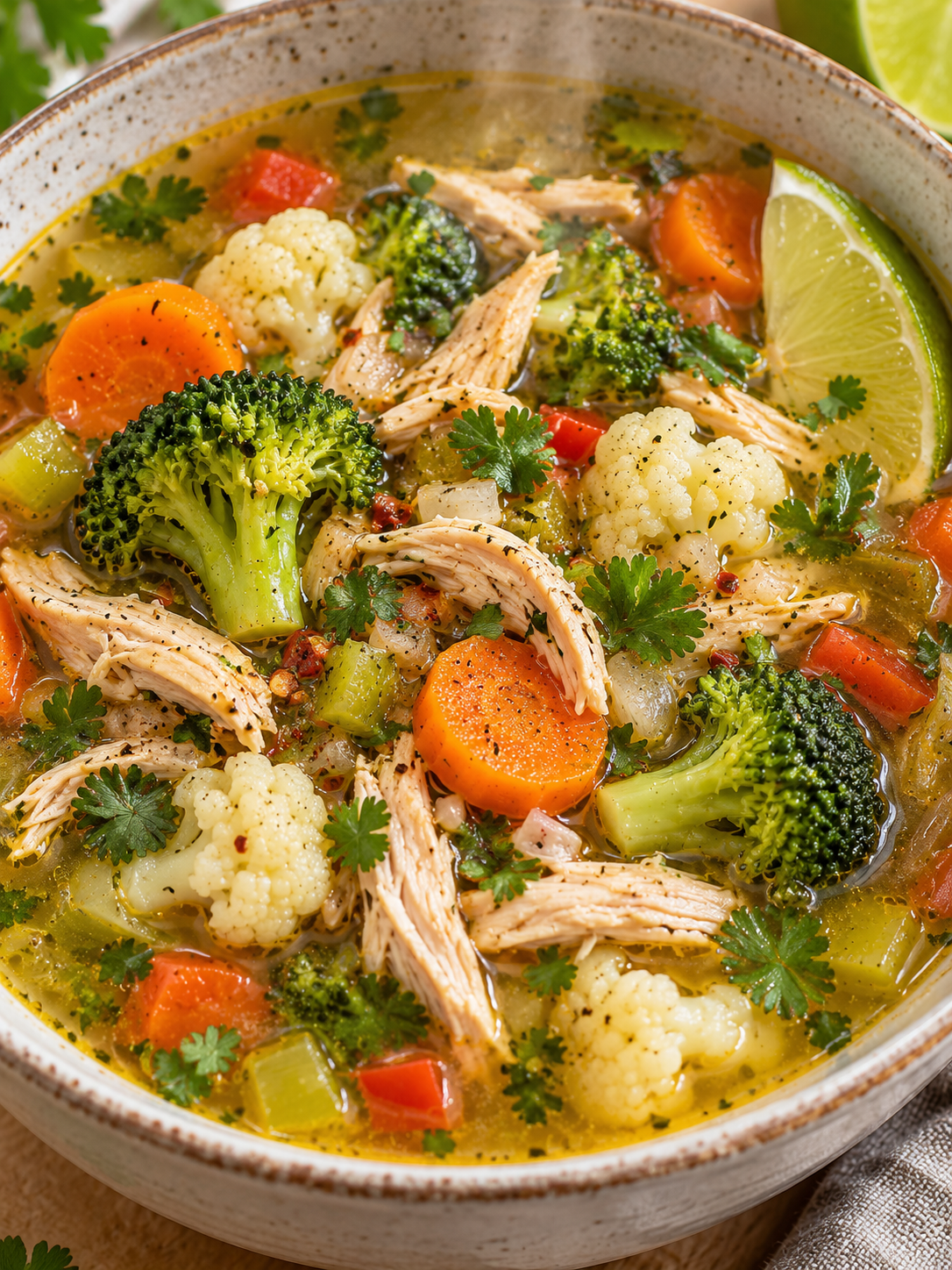 Goldene Hühnersuppe mit Brokkoli, Blumenkohl und Karotten