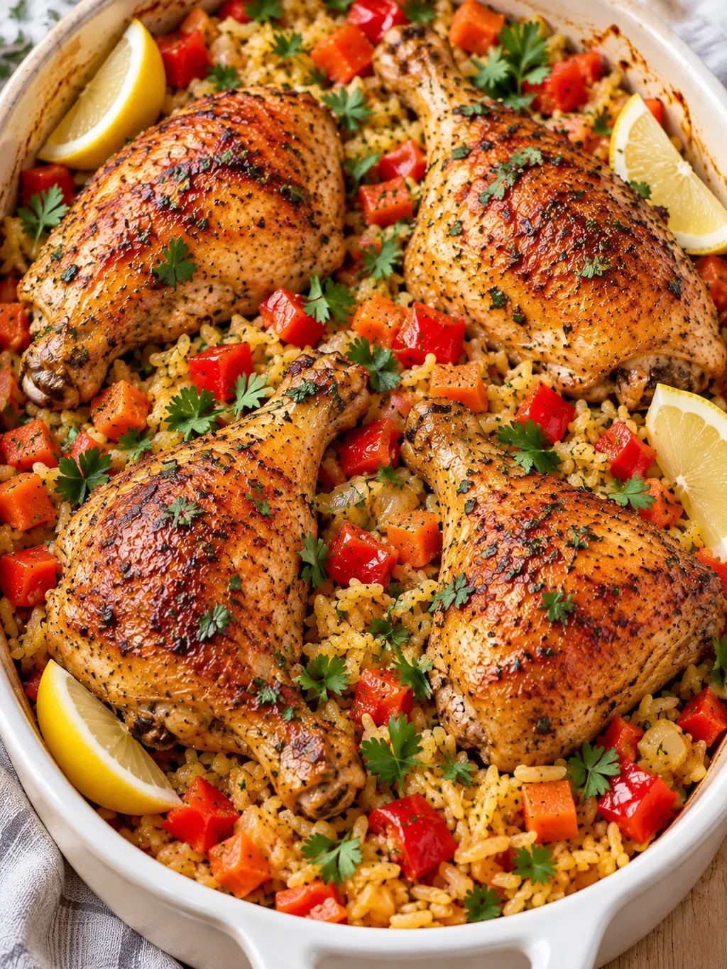 Huhn-Reis-Ofengericht mit goldener Haut und buntem Gemüse
