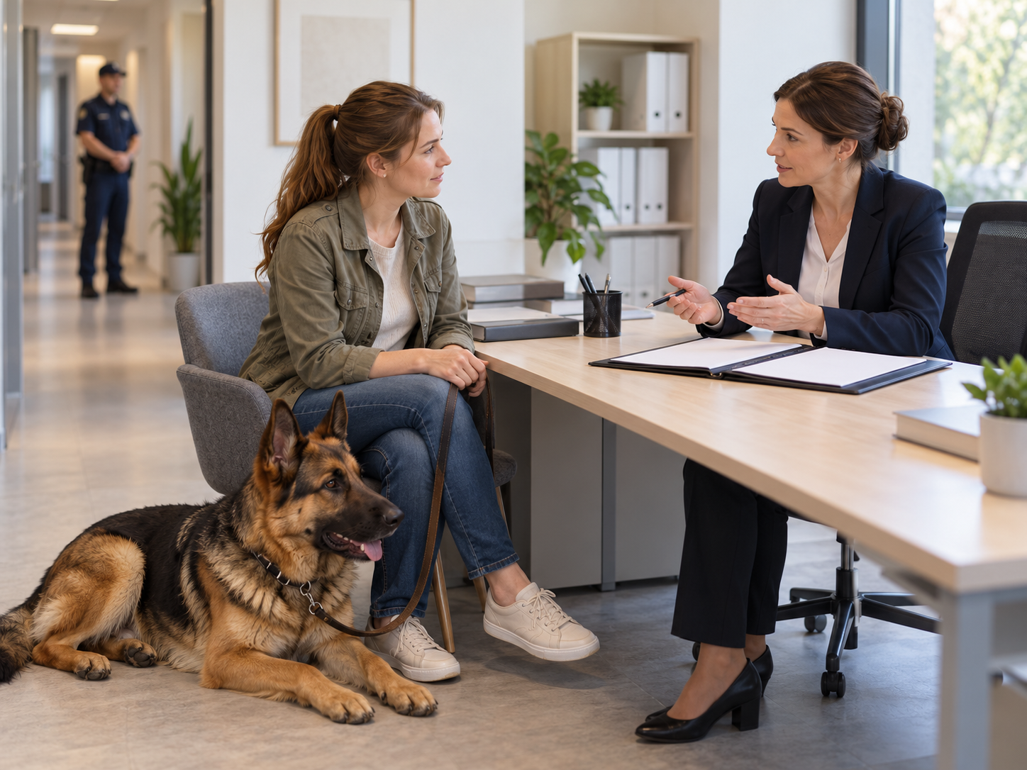 Illustration einer Hundehalterin bei einer juristischen Beratung mit Unterlagen und einem ruhenden Schäferhund.