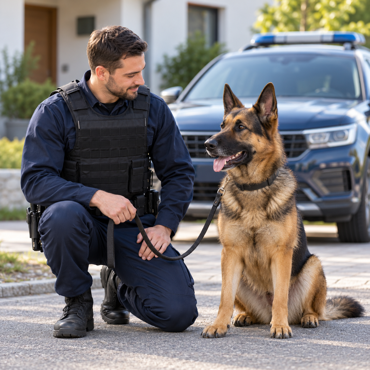Illustration eines Polizisten neben einem ruhig sitzenden Schäferhund vor einem Wohnhaus.