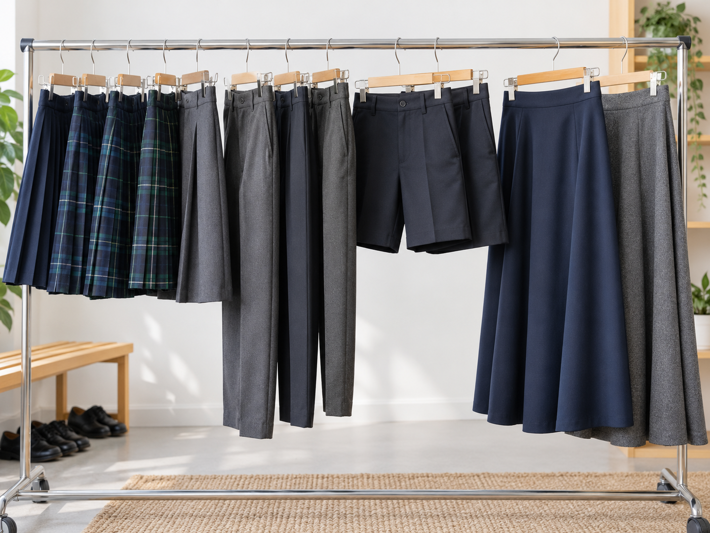 Ein Kleiderständer mit verschiedenen zugelassenen Uniformteilen wie Rock, Hose und längerer Rockvariante