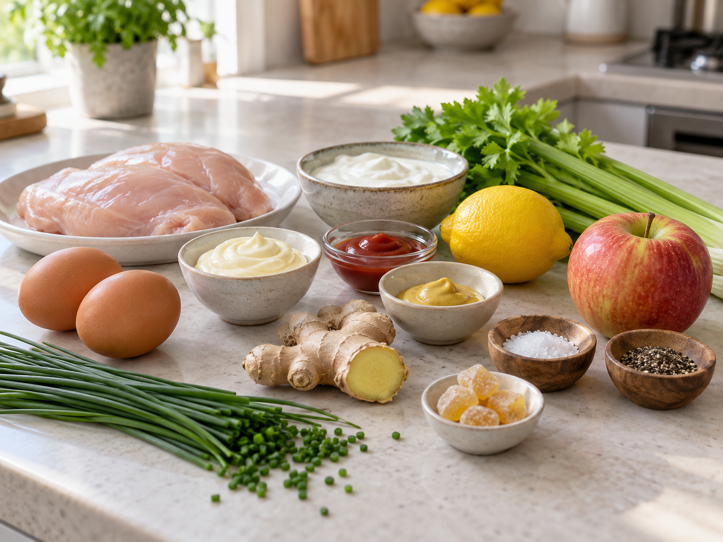 Zutaten für Ingwer-Geflügelsalat mit Hähnchen, Ei, Apfel und Ingwer