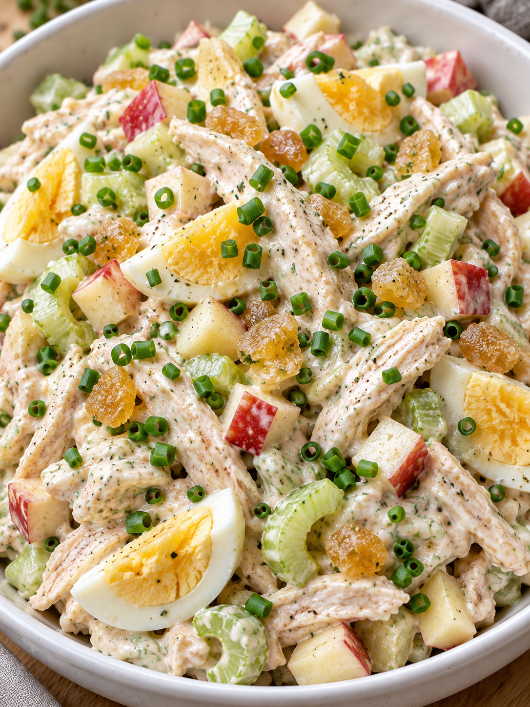 Cremiger Ingwer-Geflügelsalat mit Ei und Schnittlauch in heller Schale