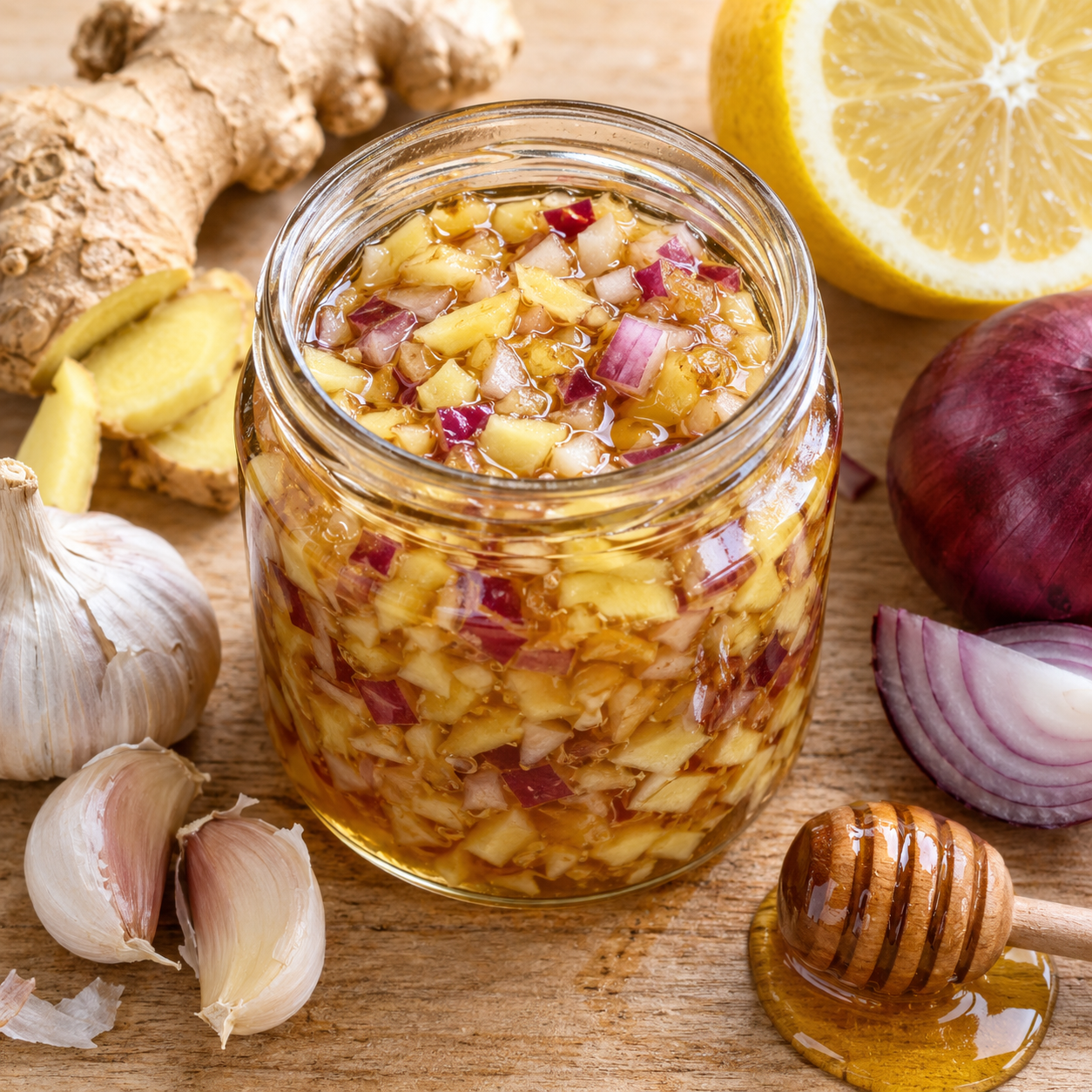 Ingwer-Zwiebel-Mischung mit Knoblauch, Zitrone und Honig im Glas