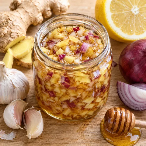 Ingwer-Zwiebel-Mischung mit Knoblauch, Zitrone und Honig im Glas
