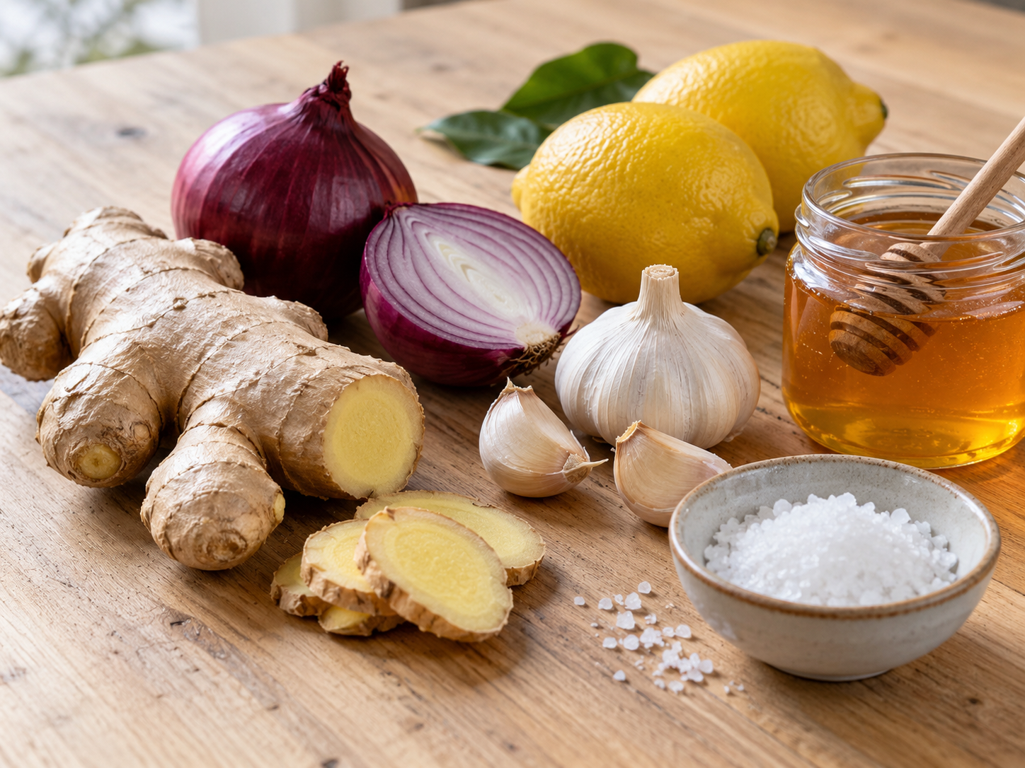 Zutaten für Ingwer-Zwiebel-Mischung mit Honig und Zitrone