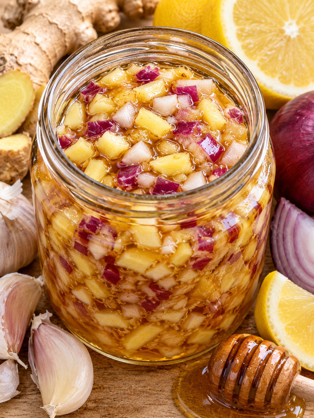 Goldene Ingwer-Zwiebel-Mischung mit Zitrone und Honig im offenen Glas