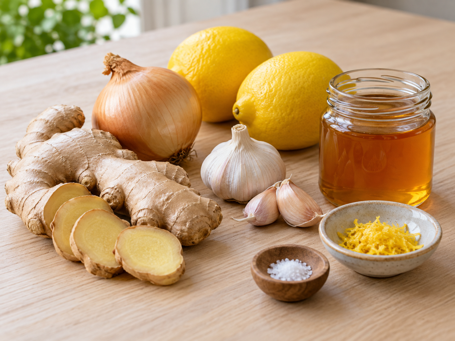 Zutaten für Ingwer-Zwiebel-Sirup mit Honig, Zitrone und Knoblauch