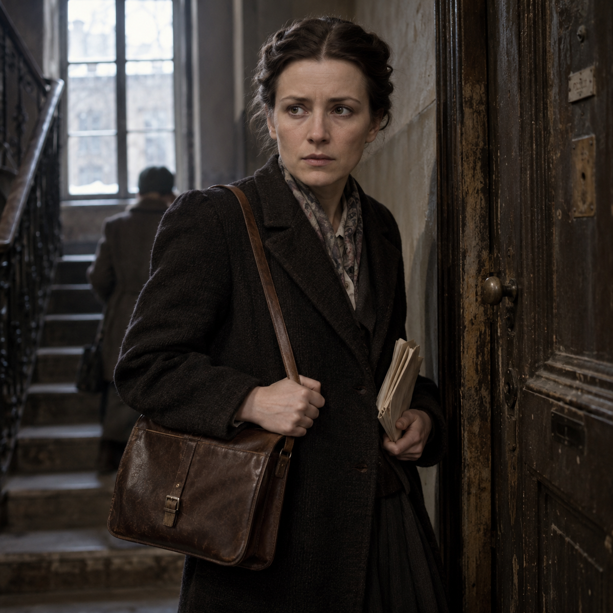 Irena Sendler in einem Warschauer Treppenhaus mit Ledertasche und ernstem Blick