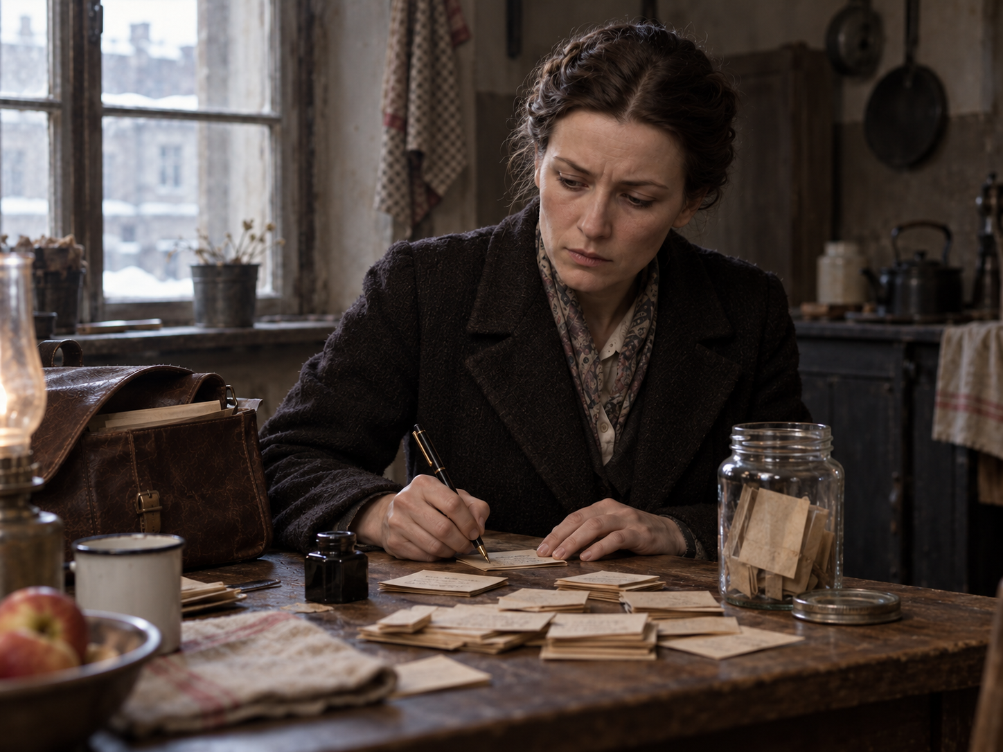 Irena Sendler schreibt Namenszettel an einem schlichten Tisch