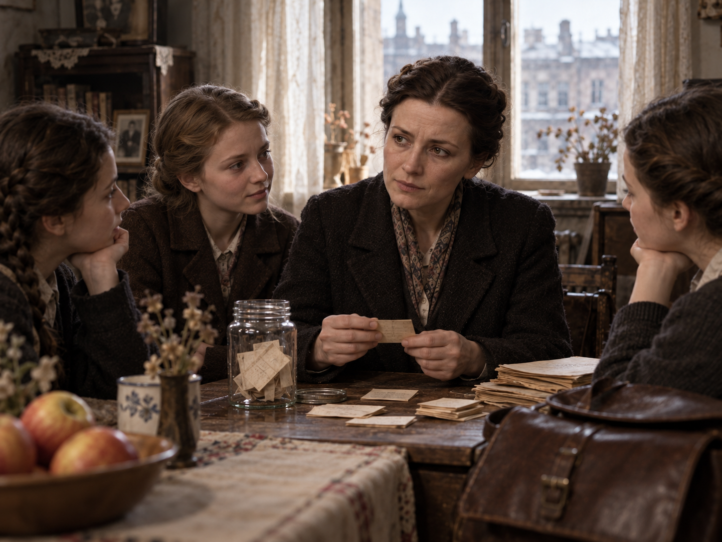 Eine ältere Irena Sendler spricht mit jungen Schülerinnen über Erinnerung