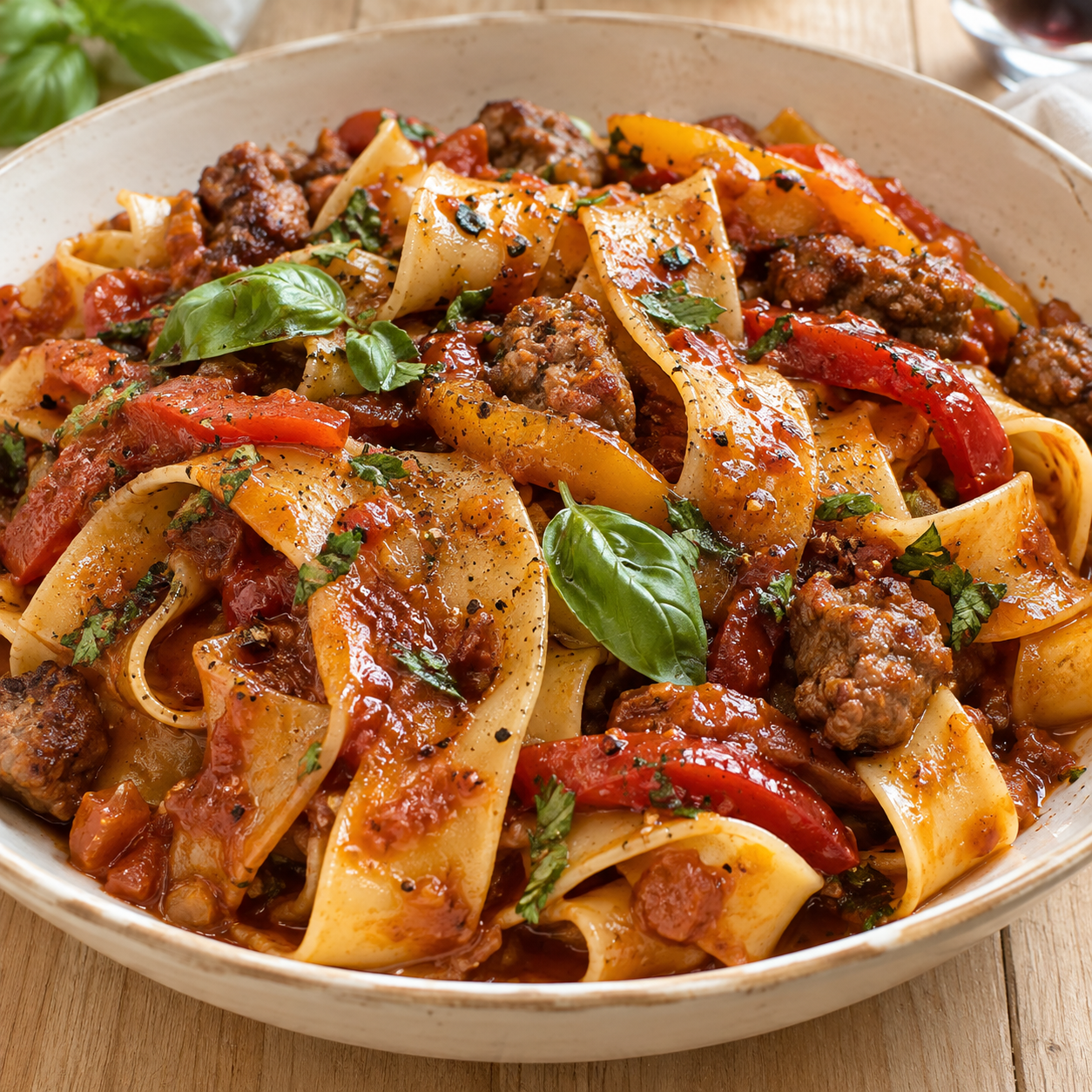 Italienische betrunkene Nudeln mit Salsiccia, Paprika und Basilikum