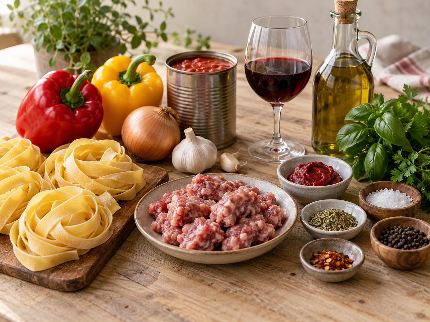 Zutaten für italienische betrunkene Nudeln mit Salsiccia und Paprika