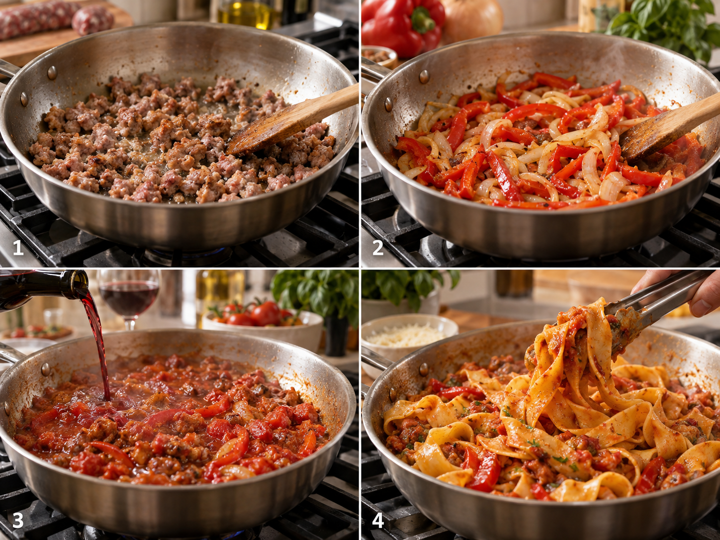 Vier Schritte für Pasta mit Salsiccia, Paprika und Rotweinsauce