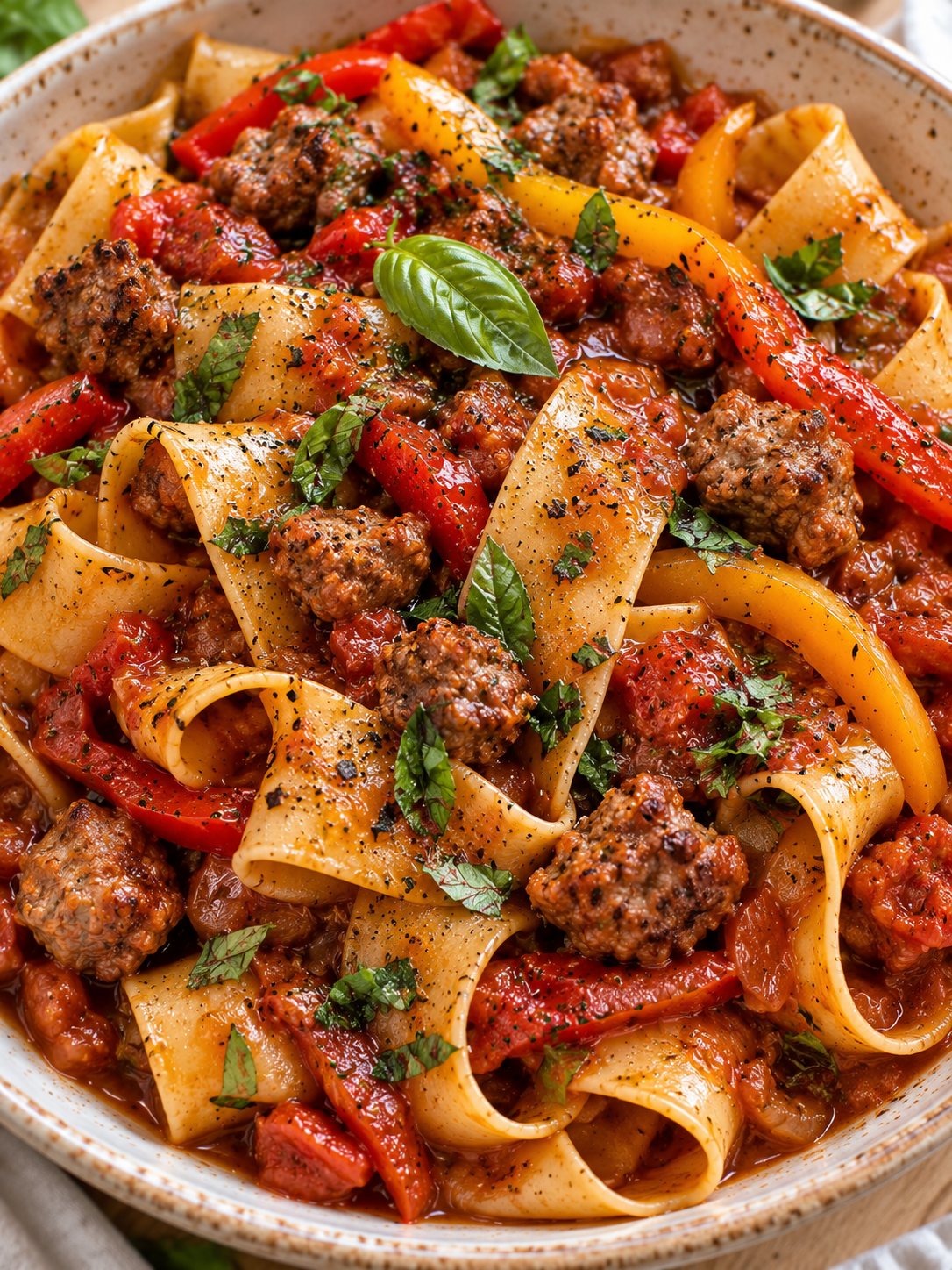 Schale mit italienischen betrunkenen Nudeln, Salsiccia und Paprika