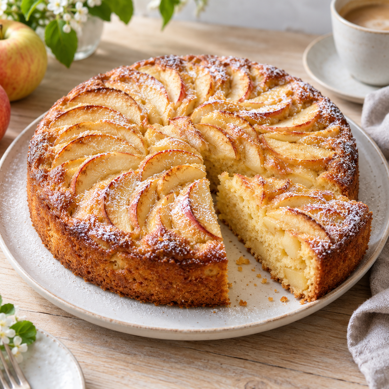 Italienischer Apfelkuchen mit Apfelspalten und Puderzucker