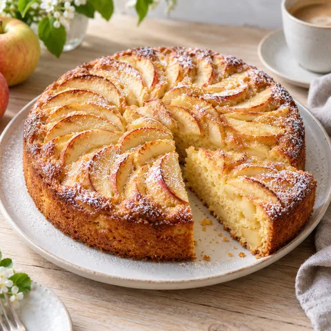 Italienischer Apfelkuchen mit Apfelspalten und Puderzucker