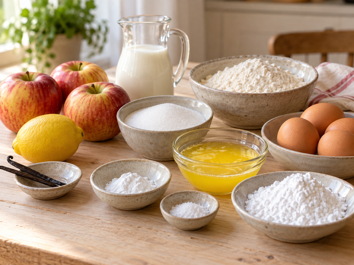 Zutaten für italienischen Apfelkuchen mit Äpfeln, Zitrone und Teigzutaten